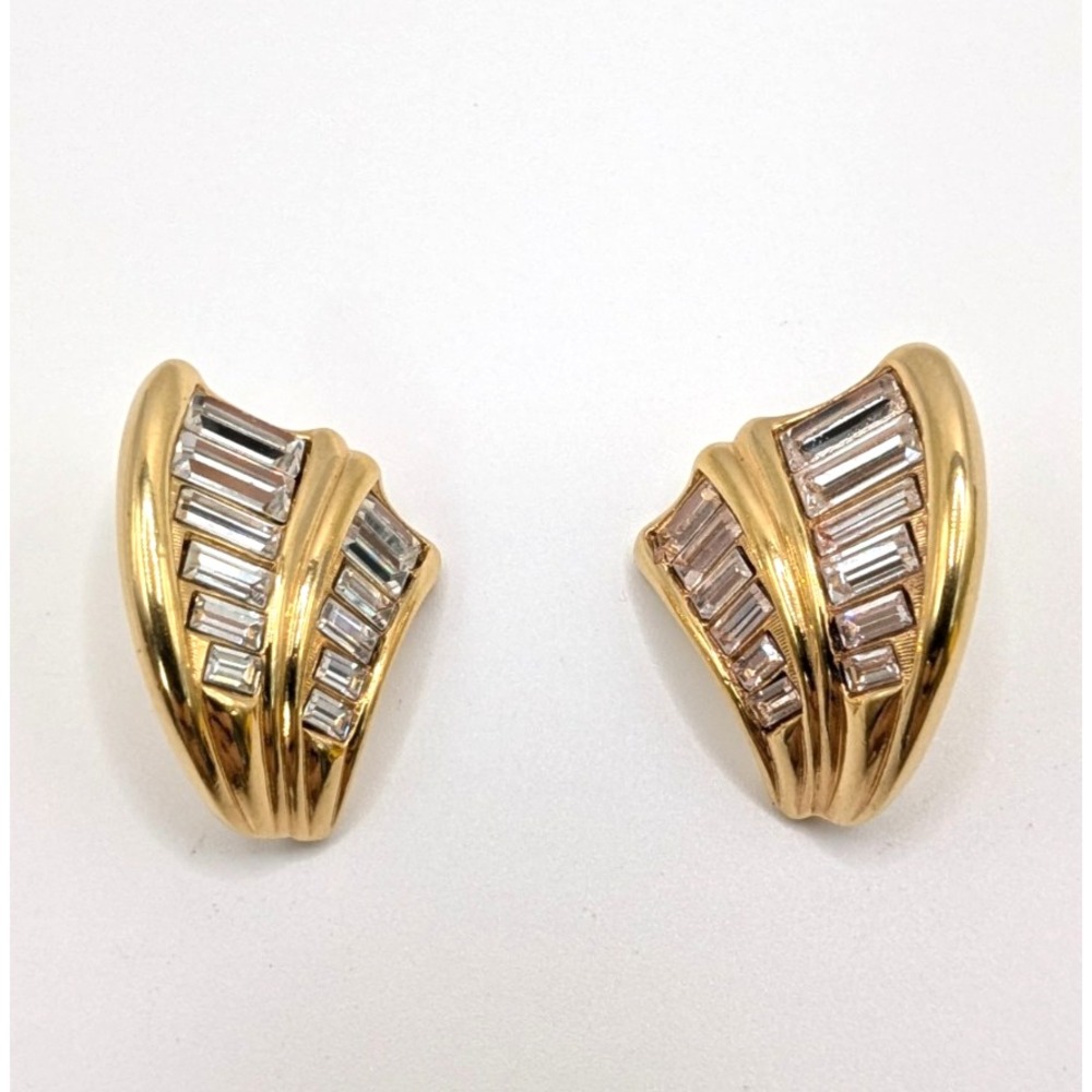 Vintage Swarovski Earrings Swan Signed Baguette Crystal Fan Gold Tone 1"
